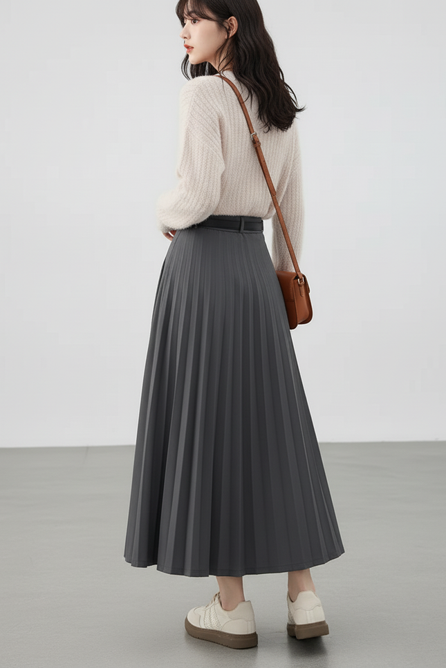 Jupe Midi Grise Taille Haute Plissée