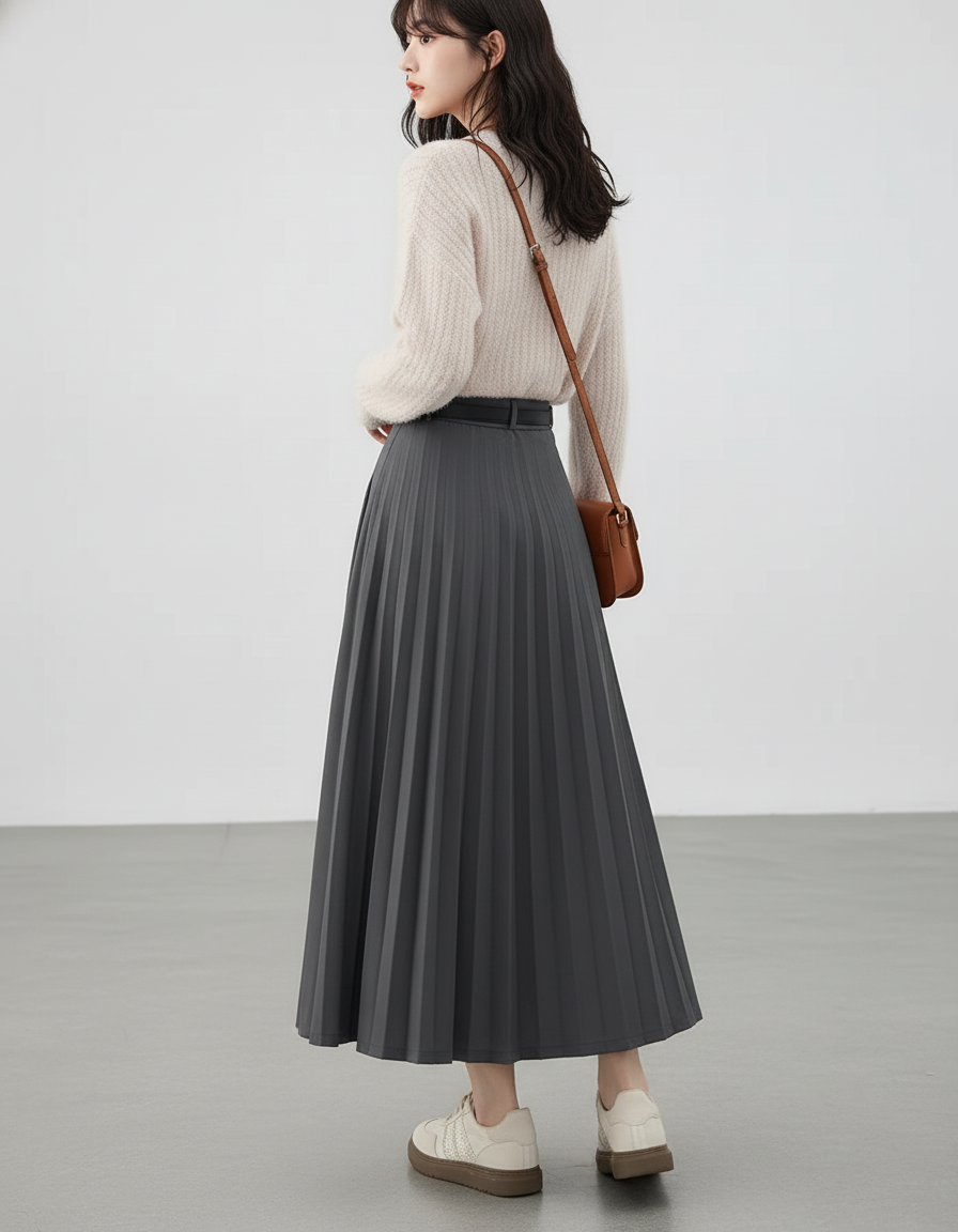 Jupe Midi Grise Taille Haute Plissée