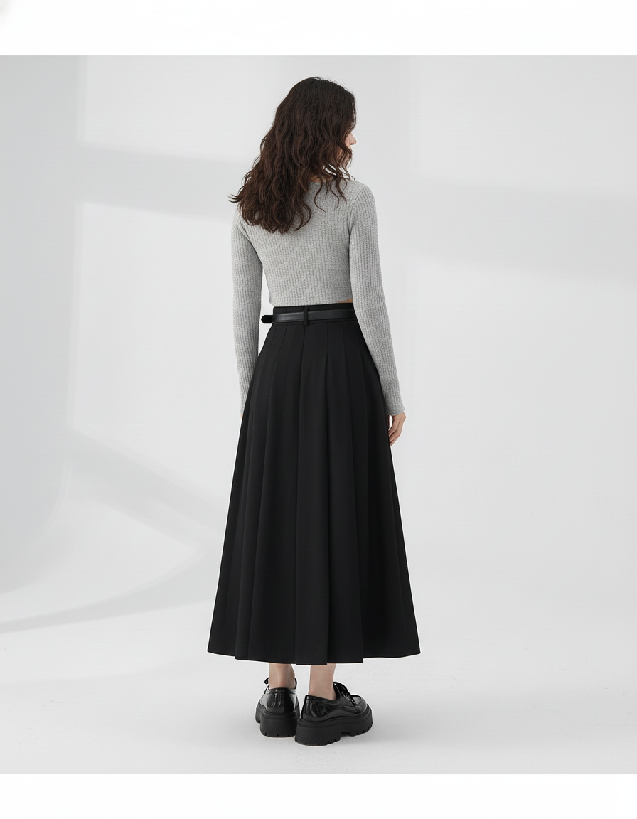 Jupe Midi Noire Plissée Élégante féminine