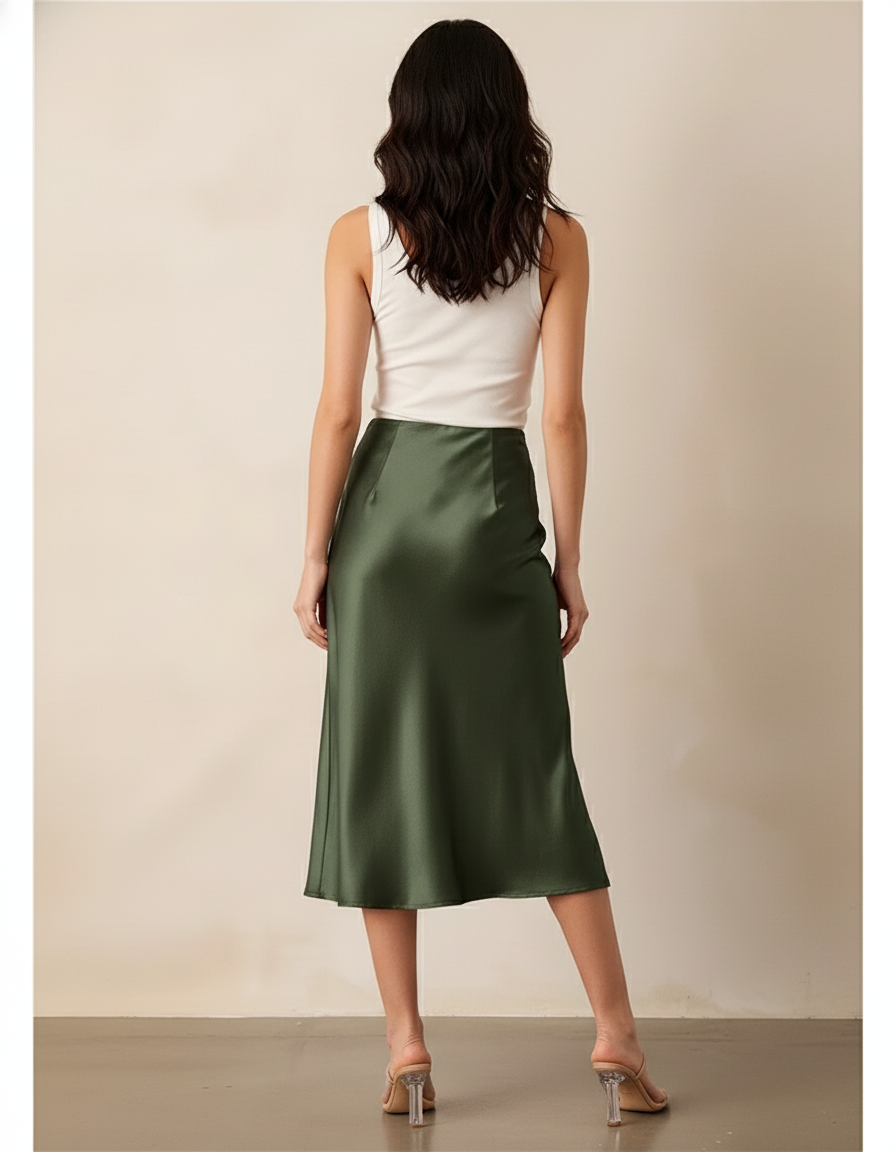 Jupe Midi Verte Satinée Élégante lumineuse