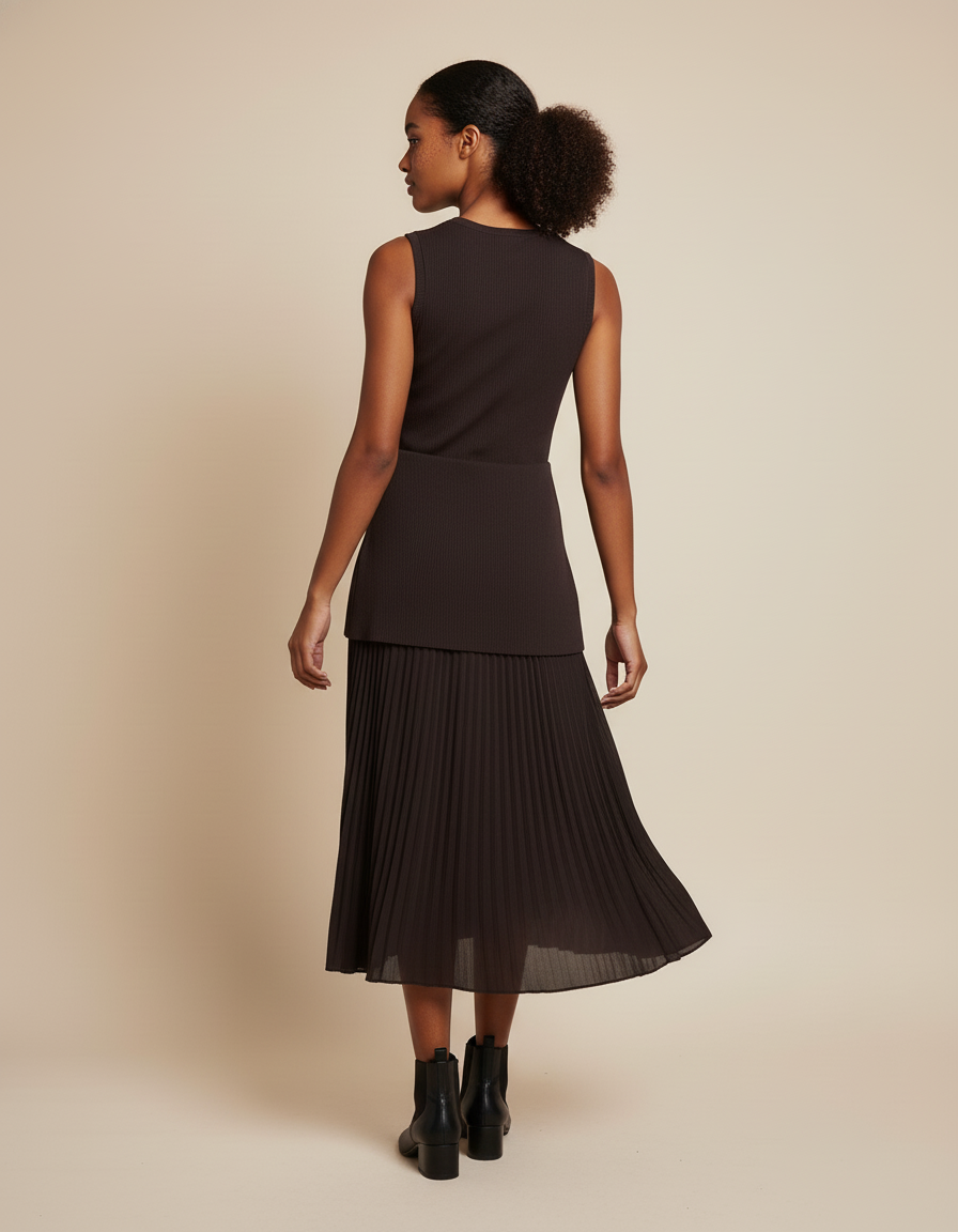 Jupe Midi Plissée Marron Fluide