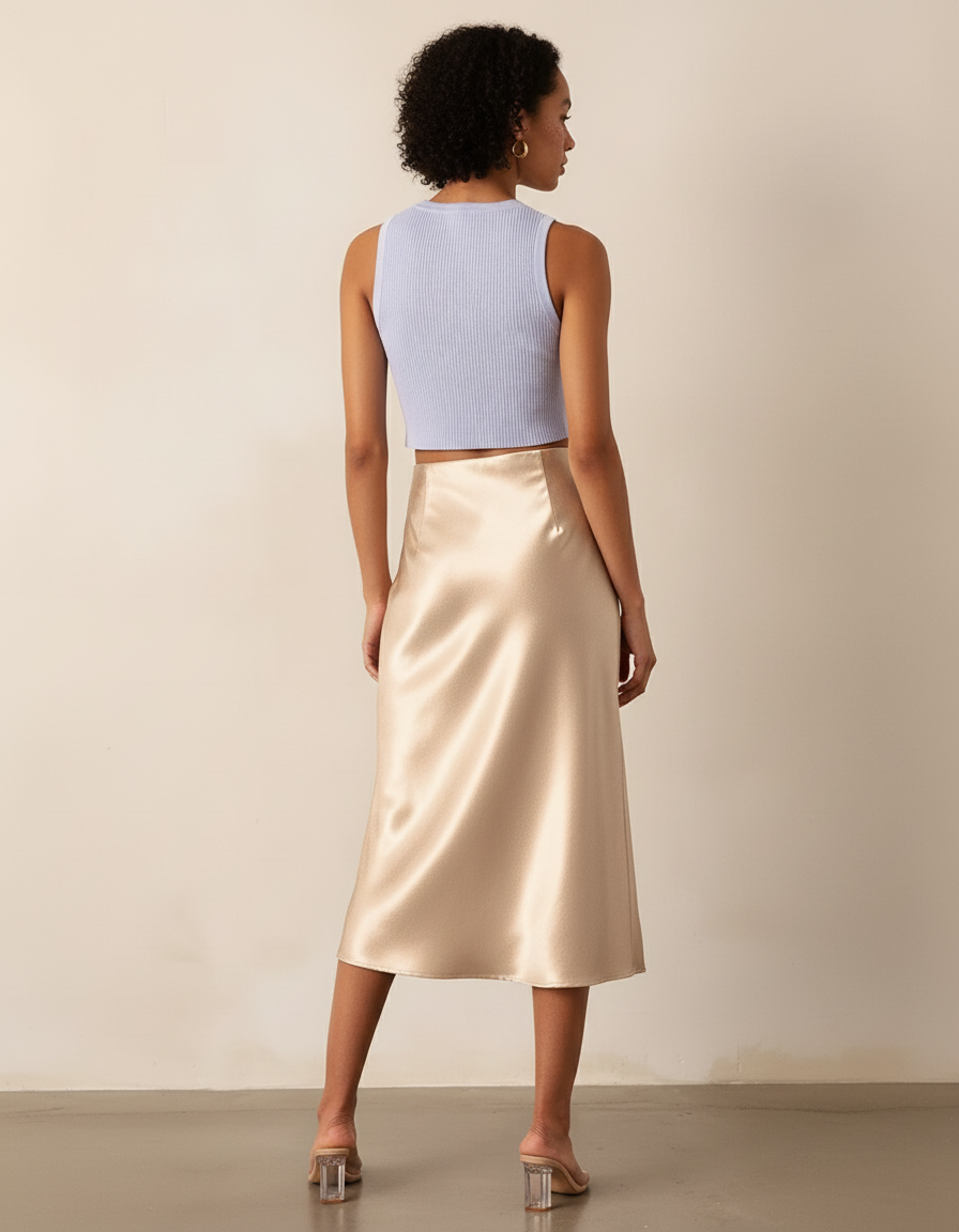 Jupe Midi Satin Fendue Élégante