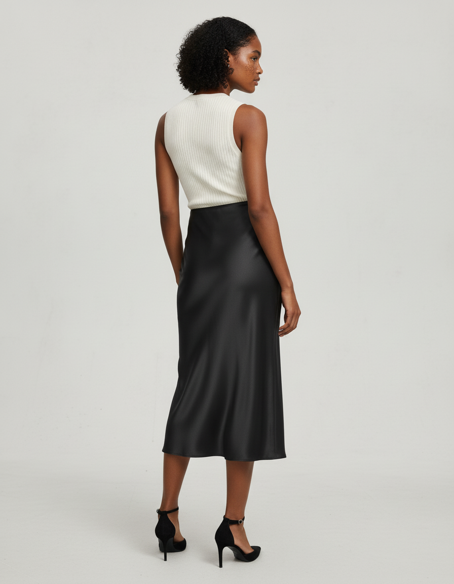 Jupe Midi Noire Satinée Élégante chic