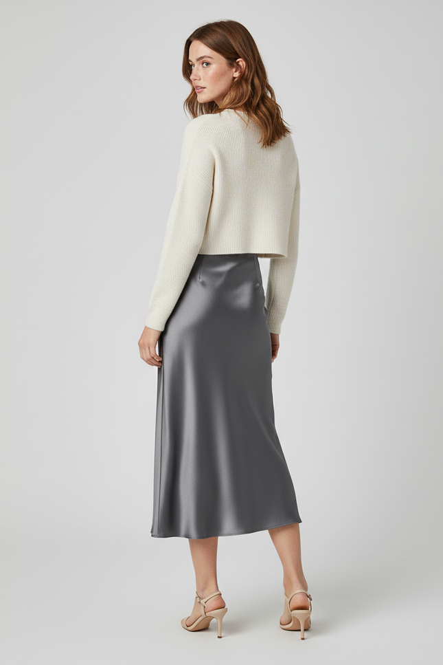 Jupe Midi Grise Satinée Fluide