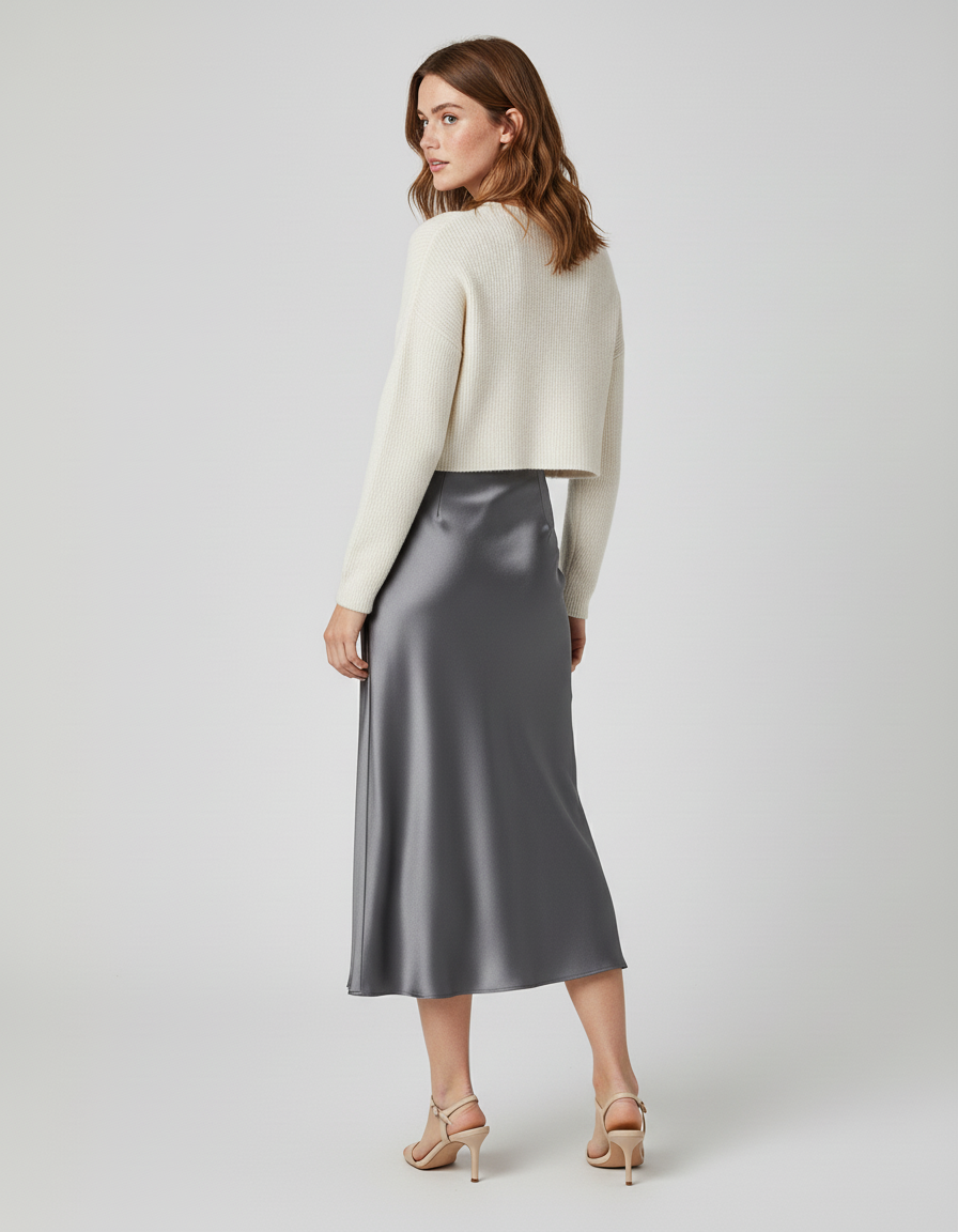 Jupe Midi Grise Satinée Fluide