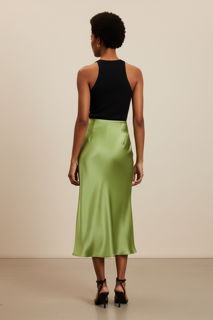 Jupe Midi Vert Satiné Élégante