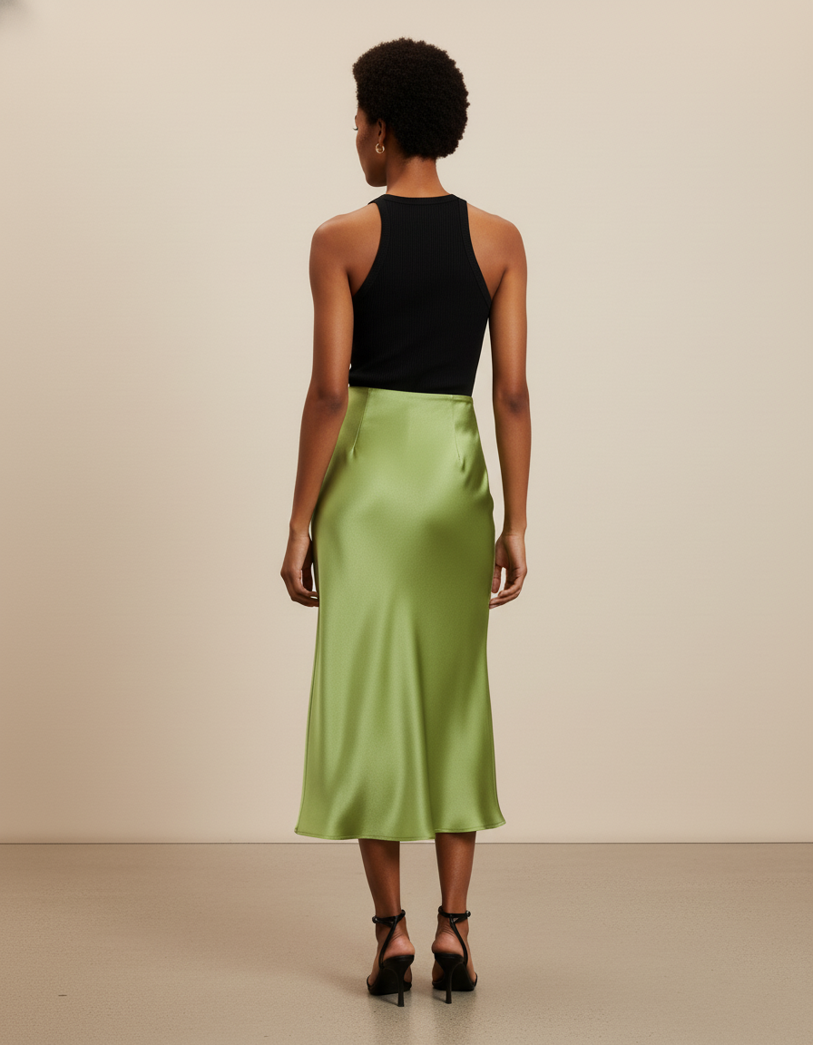 Jupe Midi Vert Satiné Élégante