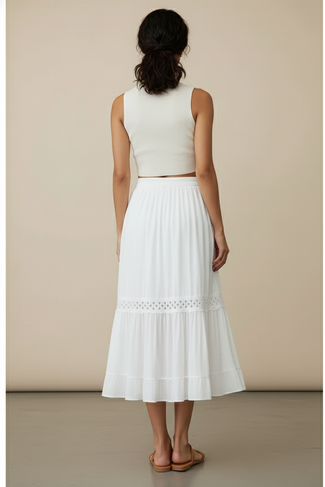 Jupe Midi Blanche Dentelle Fluide