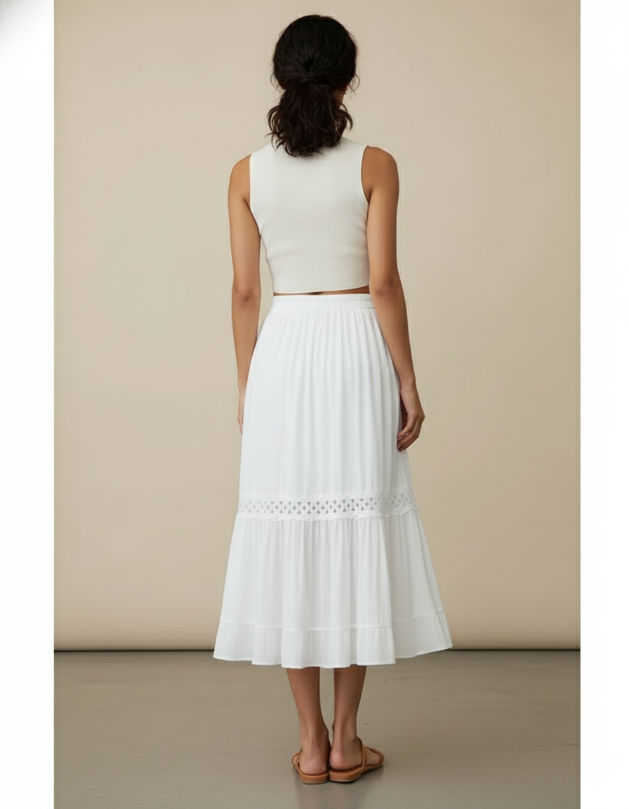 Jupe Midi Blanche Dentelle Fluide