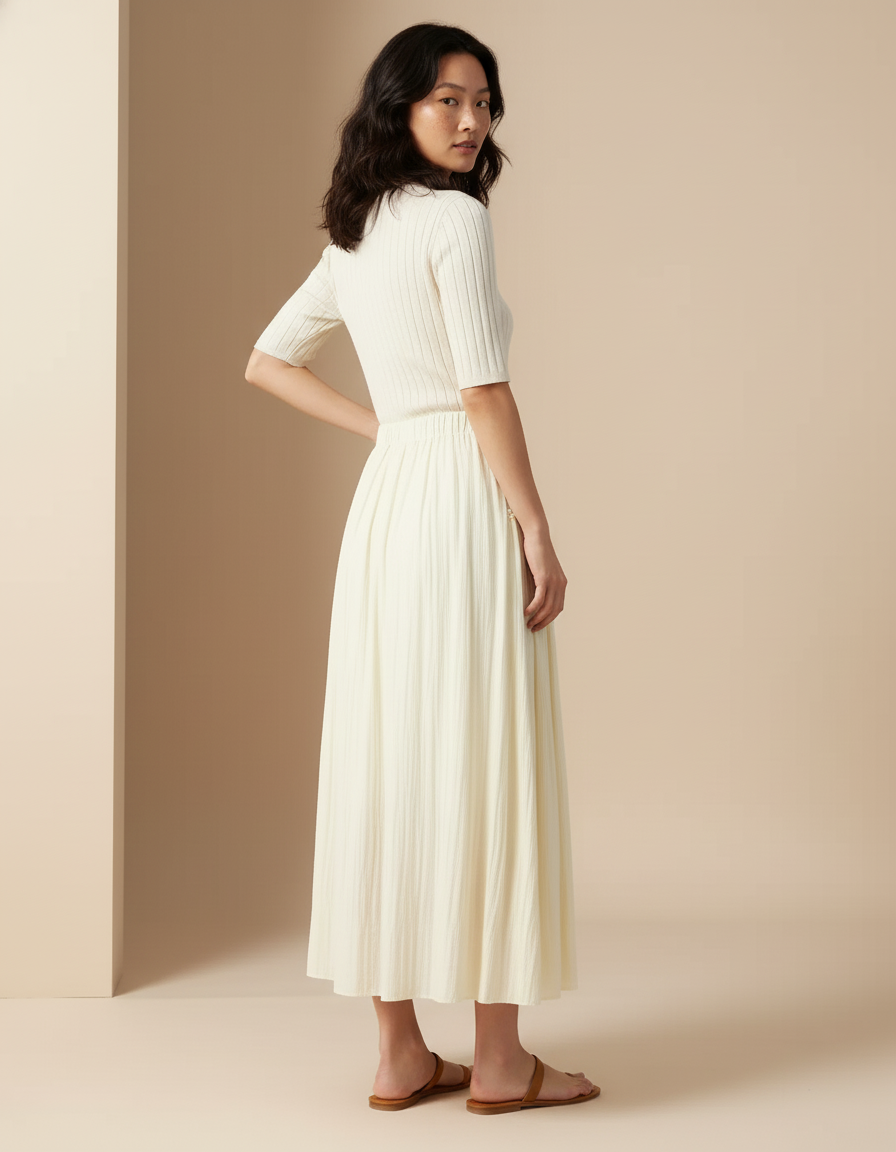 Jupe Midi Crème Fluide Asymétrique