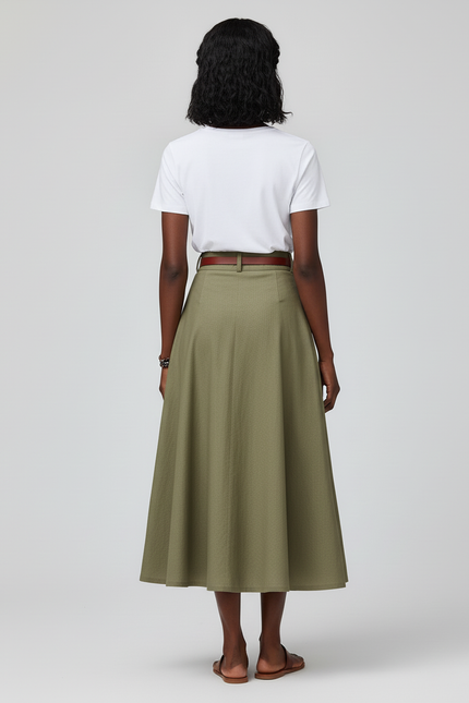 Jupe Midi Vert Olive Coton Élégante