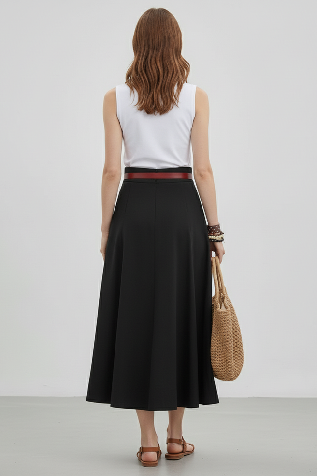 Jupe Midi Noir Évasée Élégante