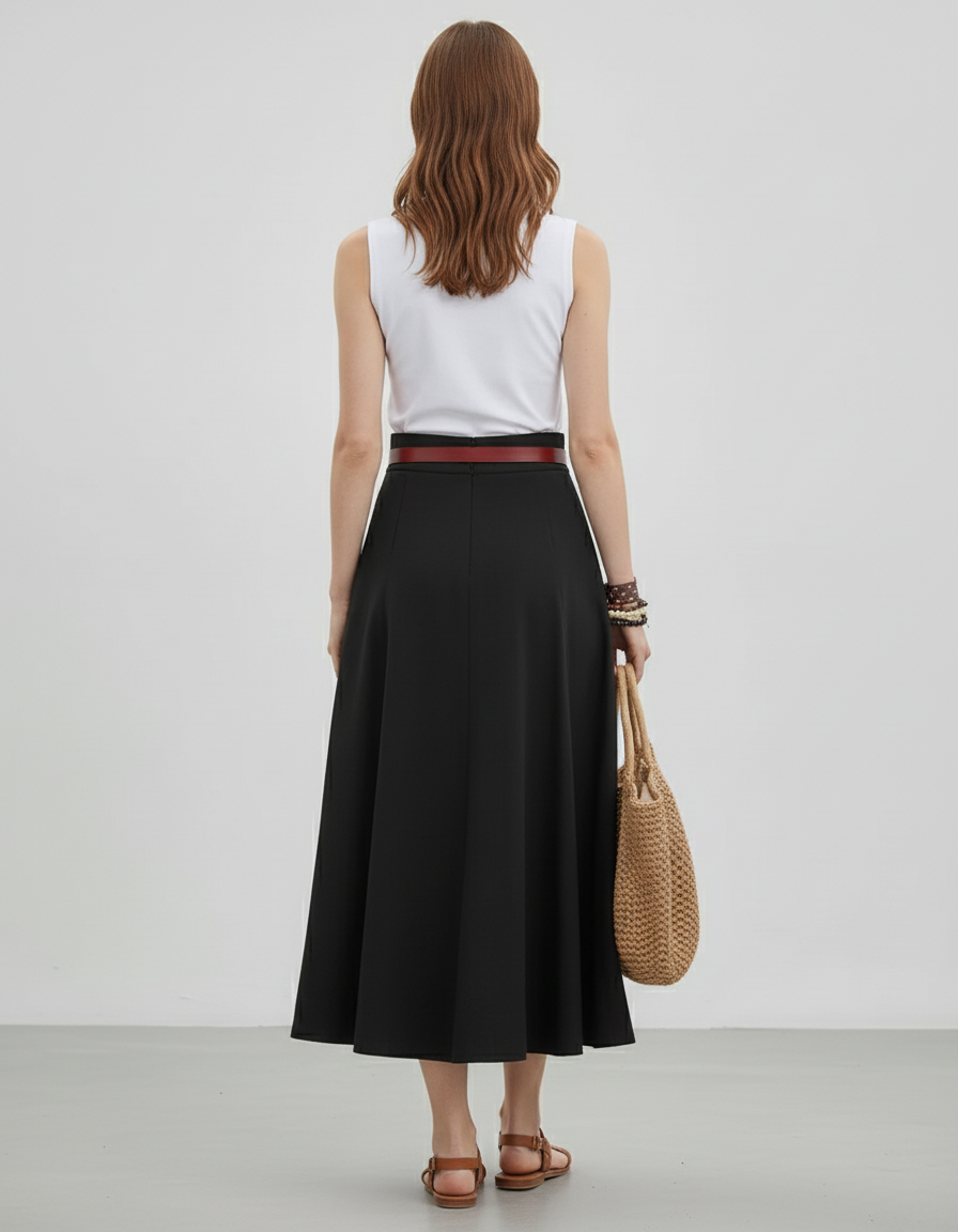 Jupe Midi Noir Évasée Élégante