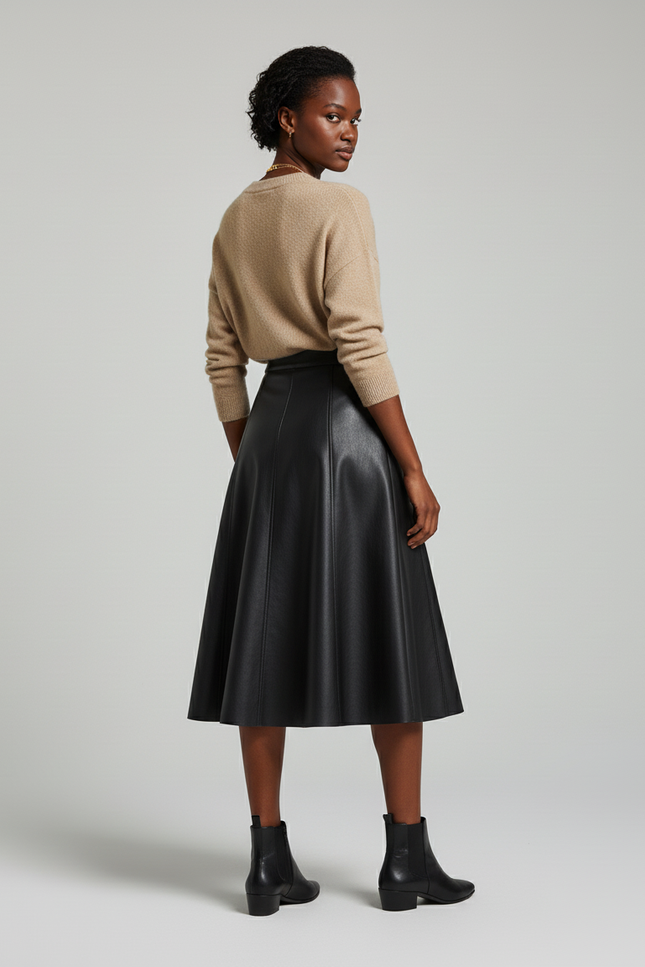 Jupe Midi Similicuir Noire Élégante