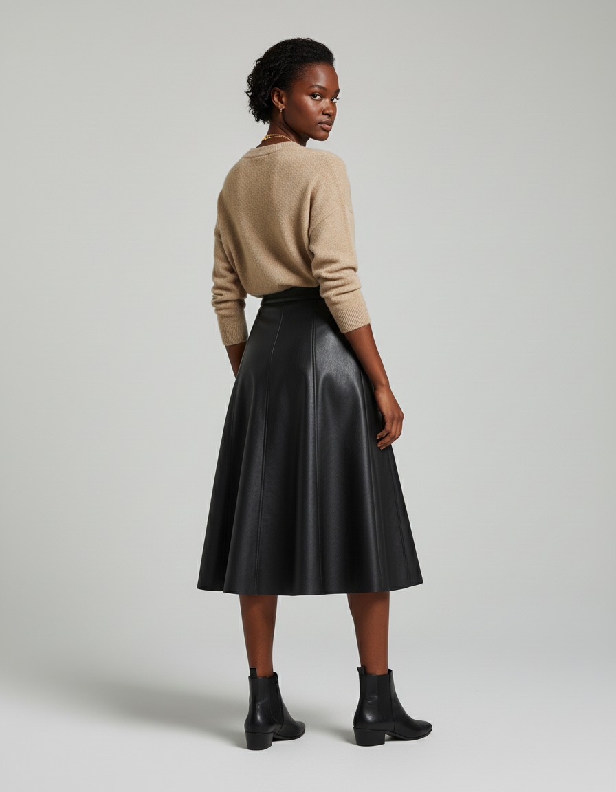 Jupe Midi Similicuir Noire Élégante