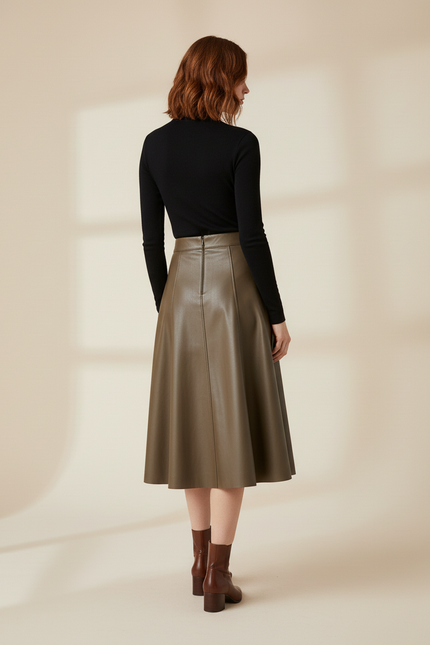Jupe Midi Khaki Faux Cuir Élégante