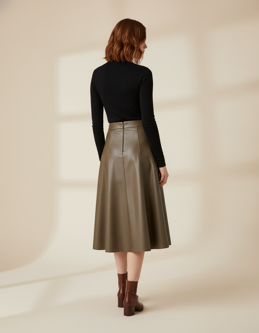Jupe Midi Khaki Faux Cuir Élégante