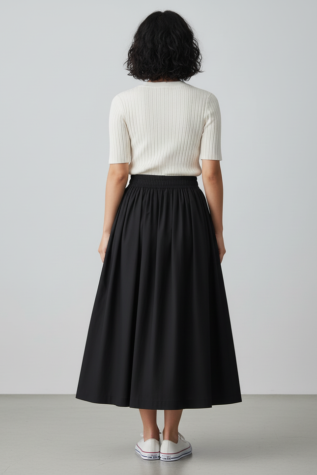 Jupe Midi Noire Taille Haute Plissée