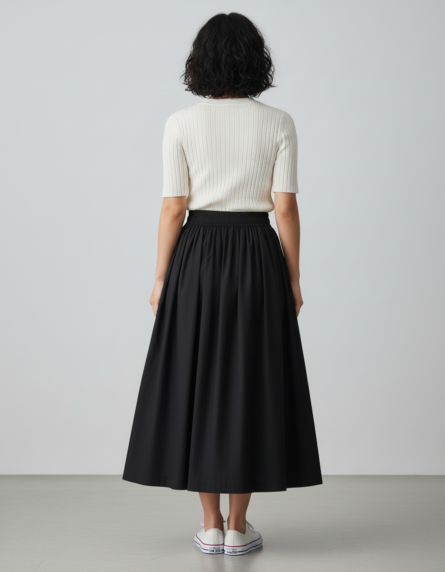 Jupe Midi Noire Taille Haute Plissée