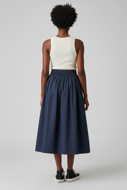 Jupe Midi Bleu Marine Plissée Décontractée