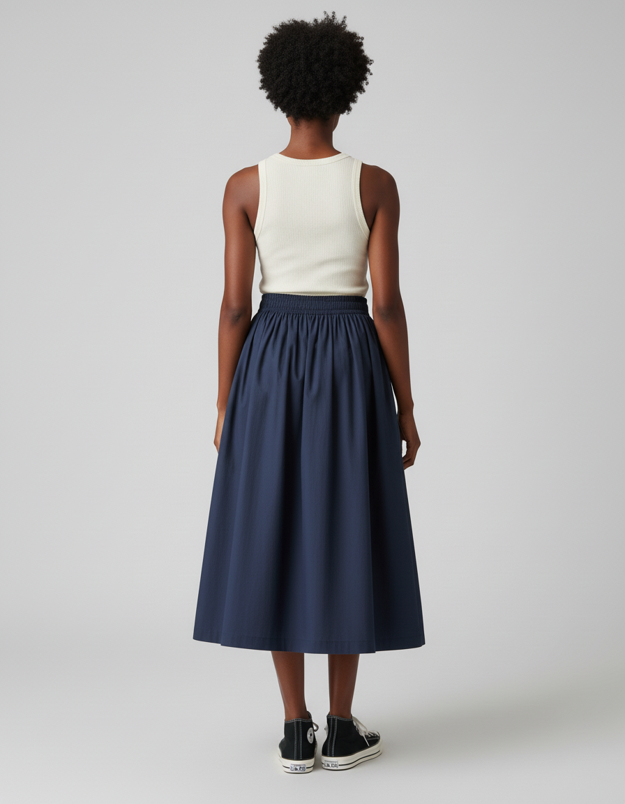 Jupe Midi Bleu Marine Plissée Décontractée