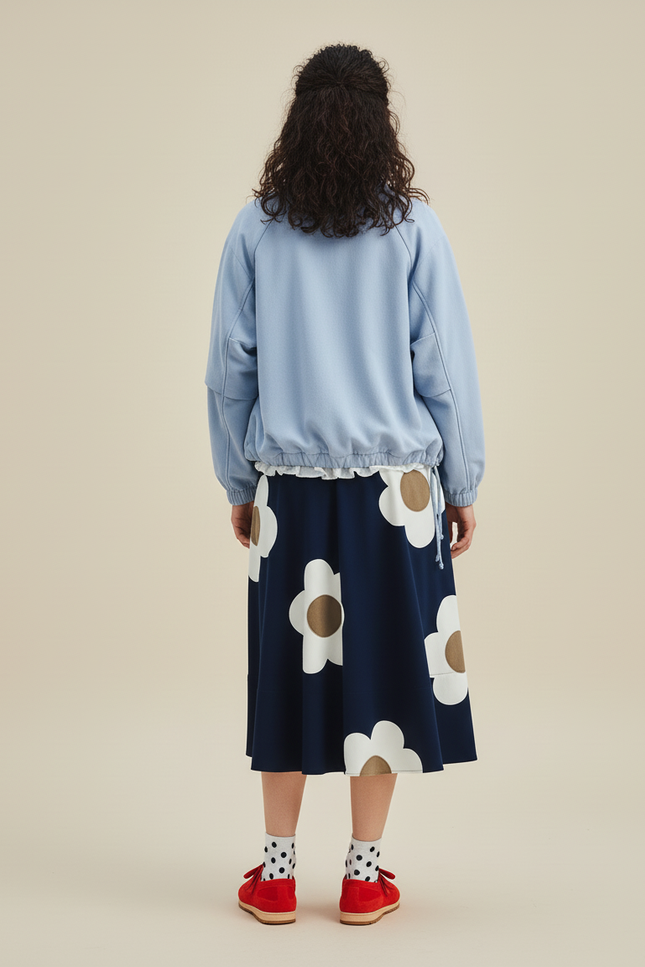 Jupe Midi Bleu Marine Fluide À Fleurs