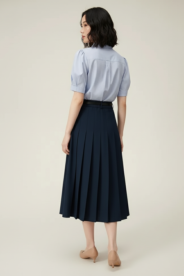 Jupe Midi Plissée Bleu Marine Élégante