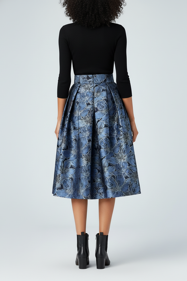 Jupe Midi Bleue Florale Plissée Élégante