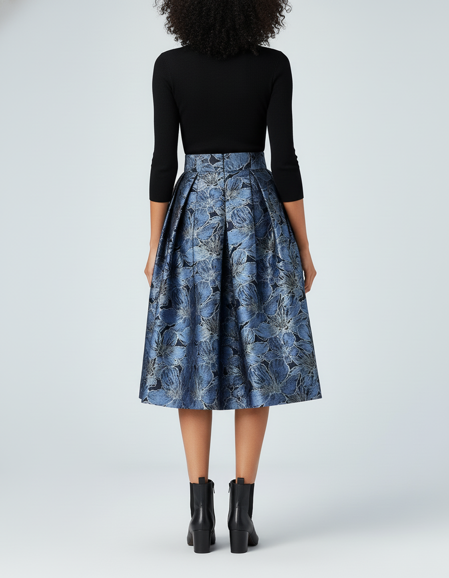 Jupe Midi Bleue Florale Plissée Élégante