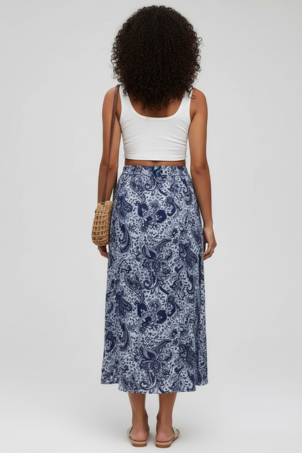 Jupe Midi Imprimé Cachemire Bleu Fluide