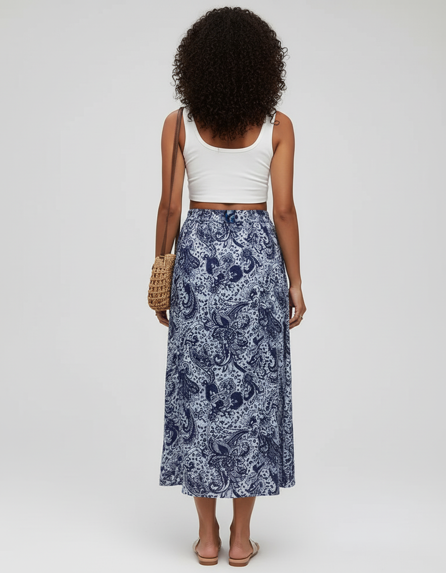 Jupe Midi Imprimé Cachemire Bleu Fluide