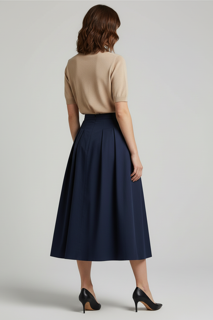 Jupe Midi Bleu Marine Plissée Chic