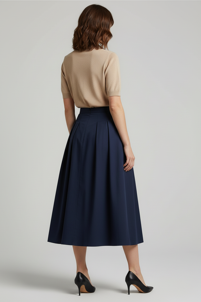 Jupe Midi Bleu Marine Plissée Chic