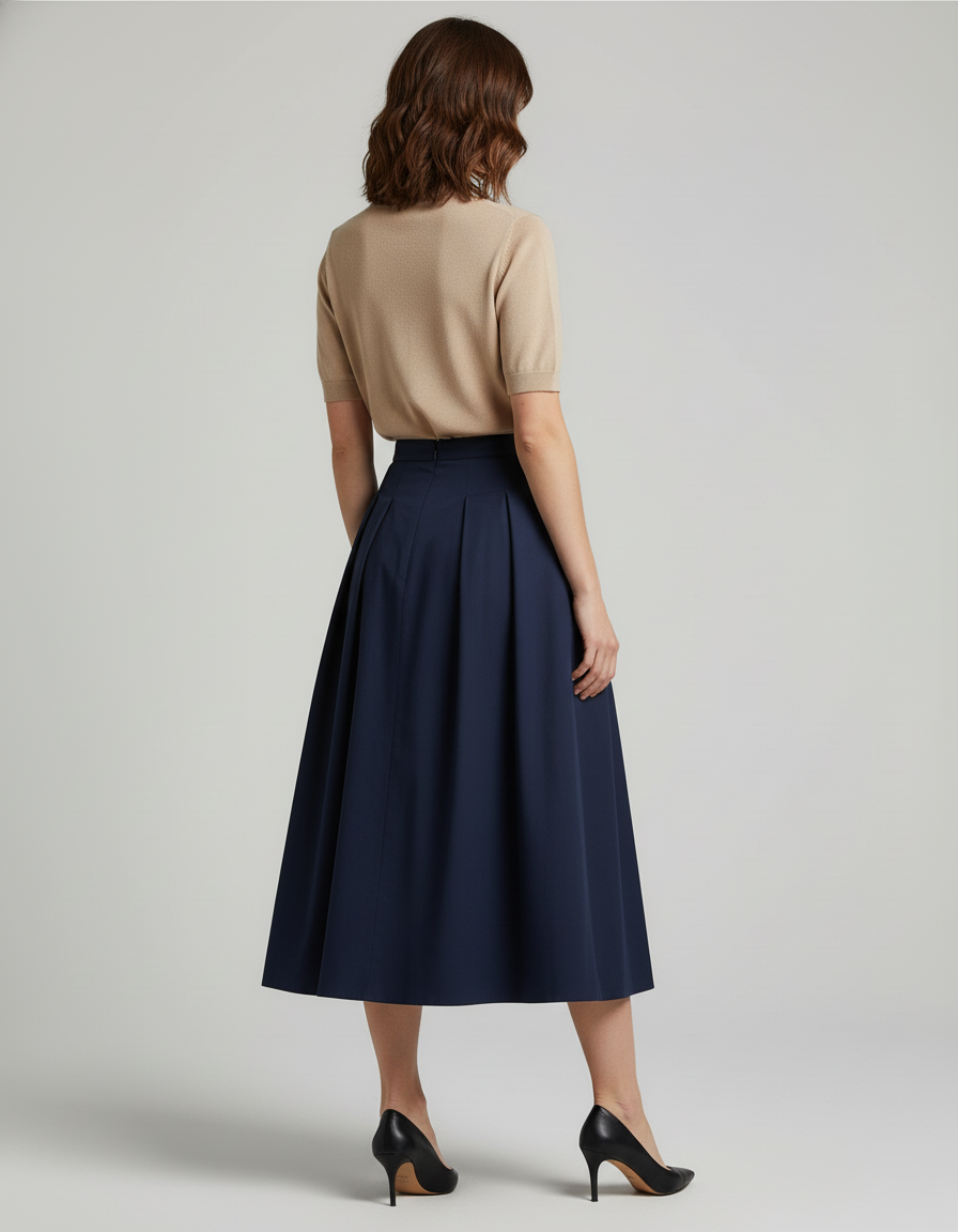 Jupe Midi Bleu Marine Plissée Chic