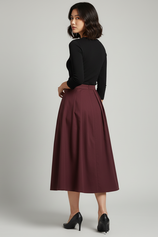Jupe Midi Bordeaux Plissée Élégante