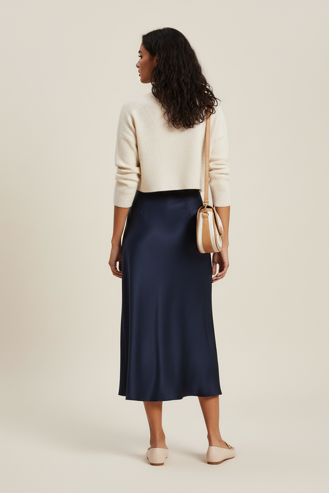 Jupe Midi Satin Bleu Foncé Élégante