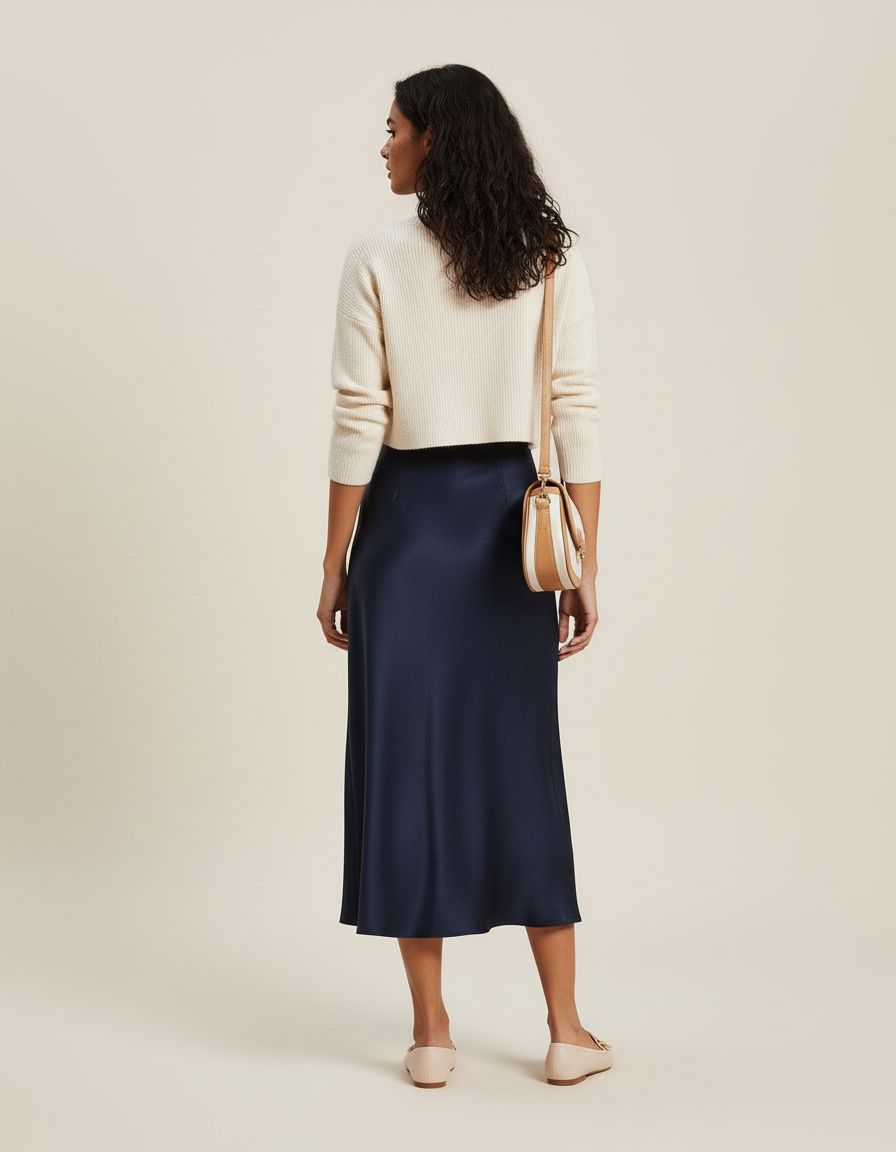 Jupe Midi Satin Bleu Foncé Élégante