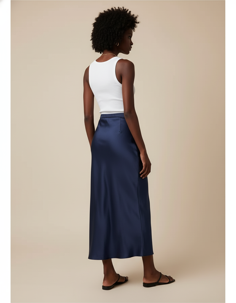 Jupe Midi Bleu Marine Satinée Élégante