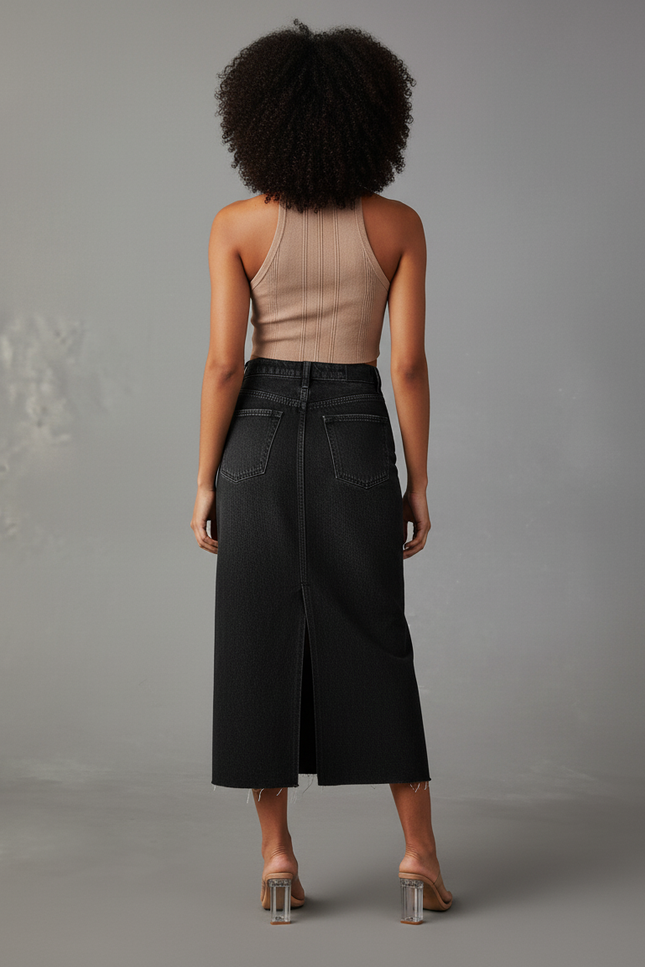 Jupe Midi Denim Noir Fendue Chic