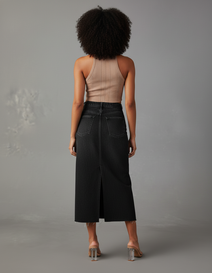 Jupe Midi Denim Noir Fendue Chic