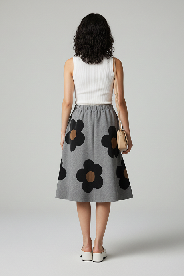 Jupe Midi Grise Fleurie Chic