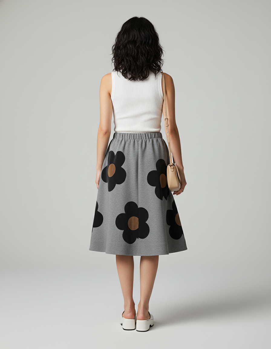 Jupe Midi Grise Fleurie Chic