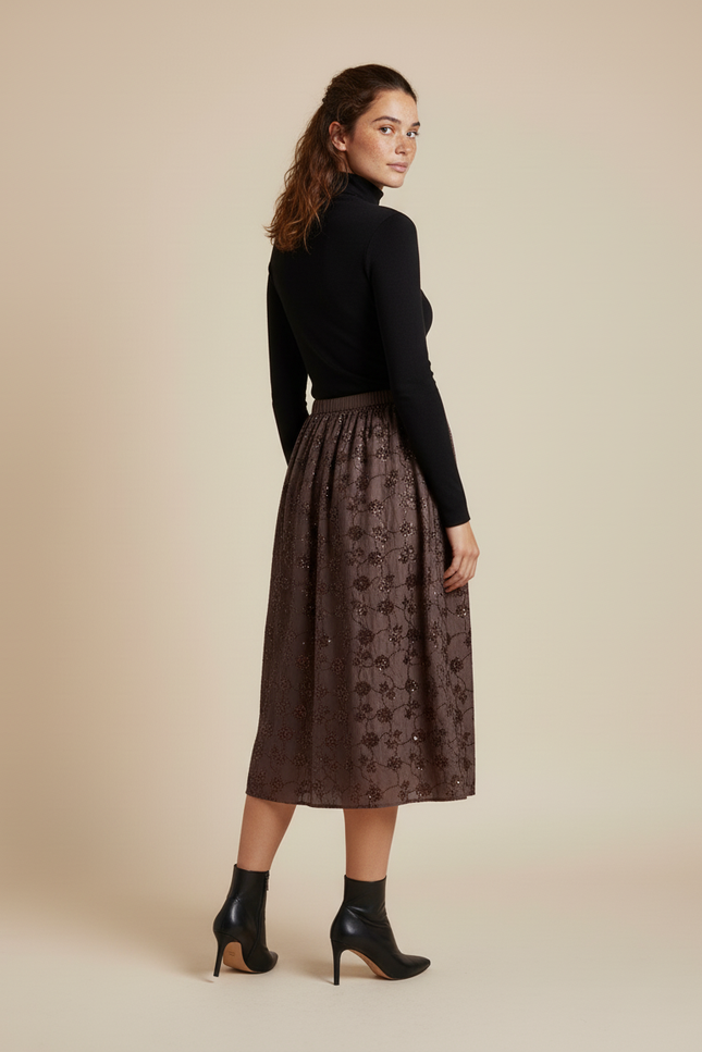 Jupe Midi Marron Sequins Élégante