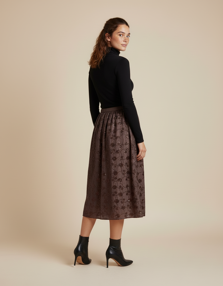 Jupe Midi Marron Sequins Élégante