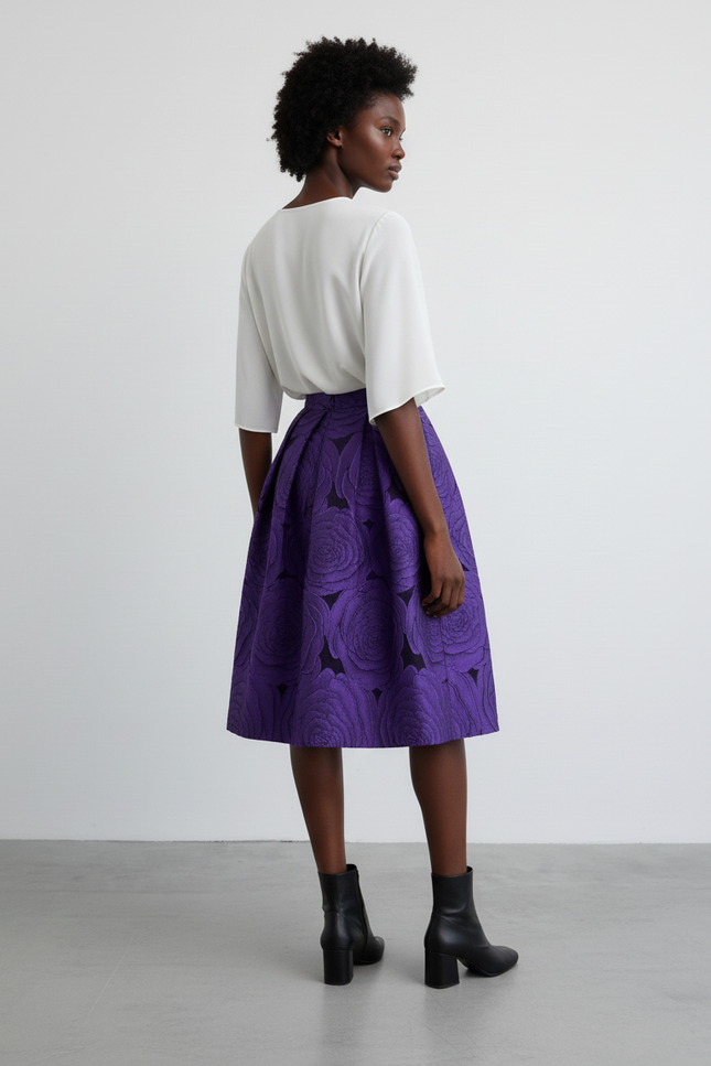 Jupe Midi Violet Motif Floral Élégante