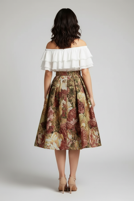 Jupe Midi Florale Texturée Élégante