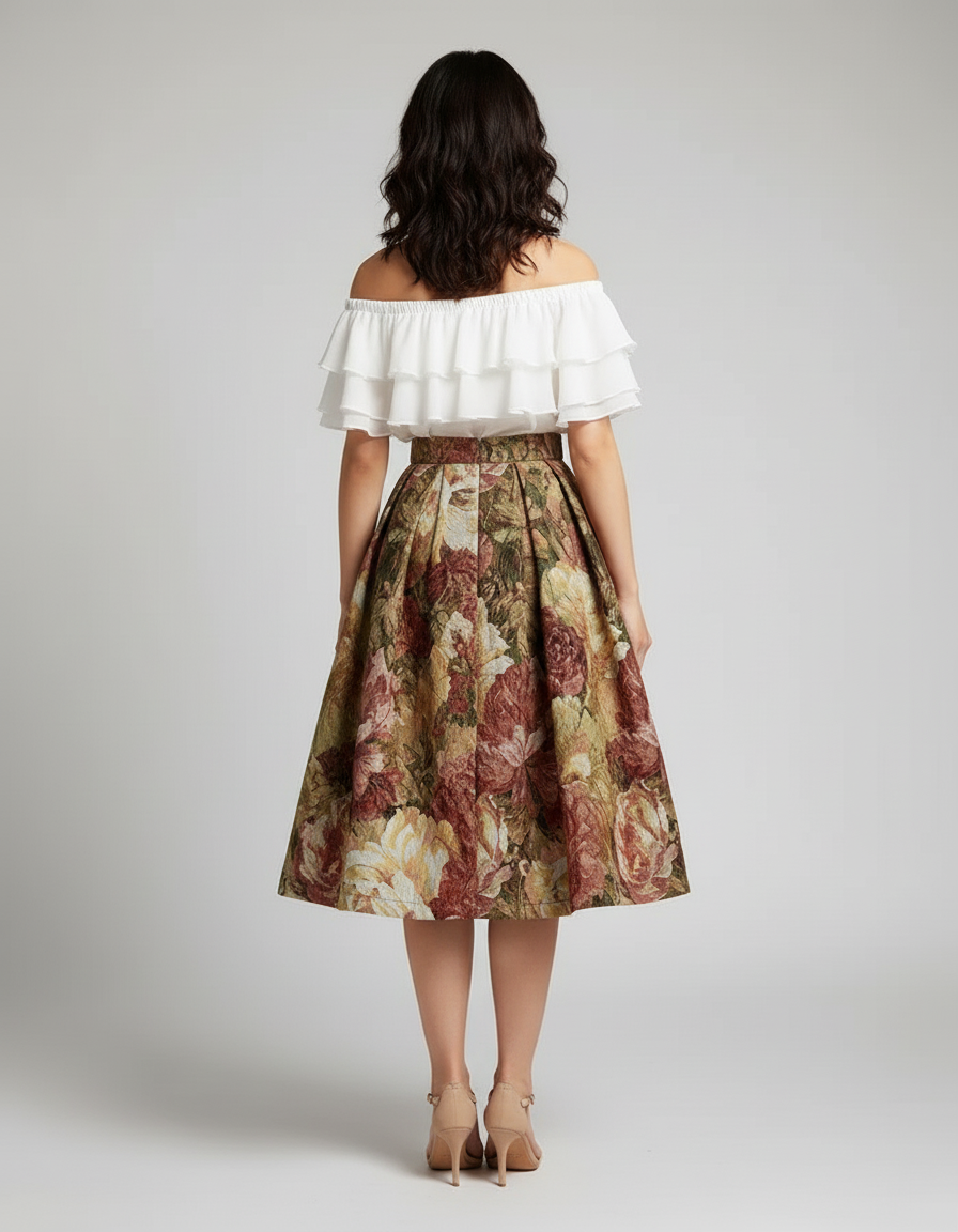 Jupe Midi Florale Texturée Élégante