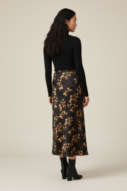 Jupe Midi Imprimé Feuilles Fluide Élégante