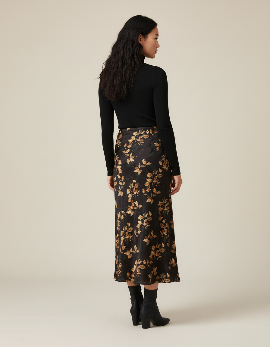 Jupe Midi Imprimé Feuilles Fluide Élégante