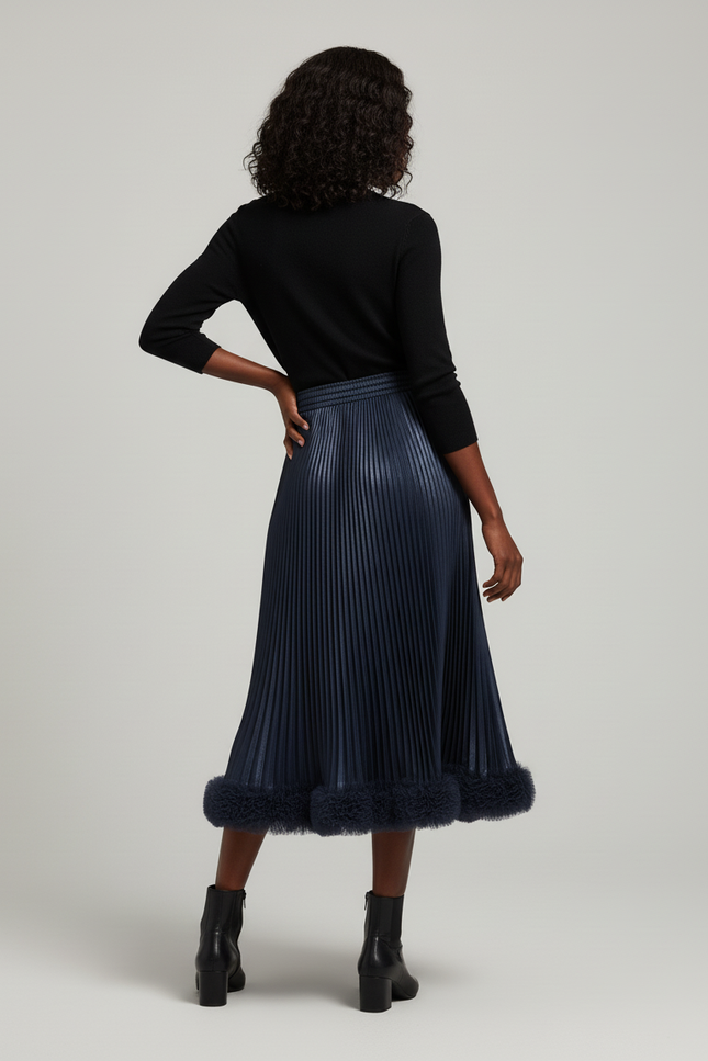 Jupe Plissée Midi Bleu Marine